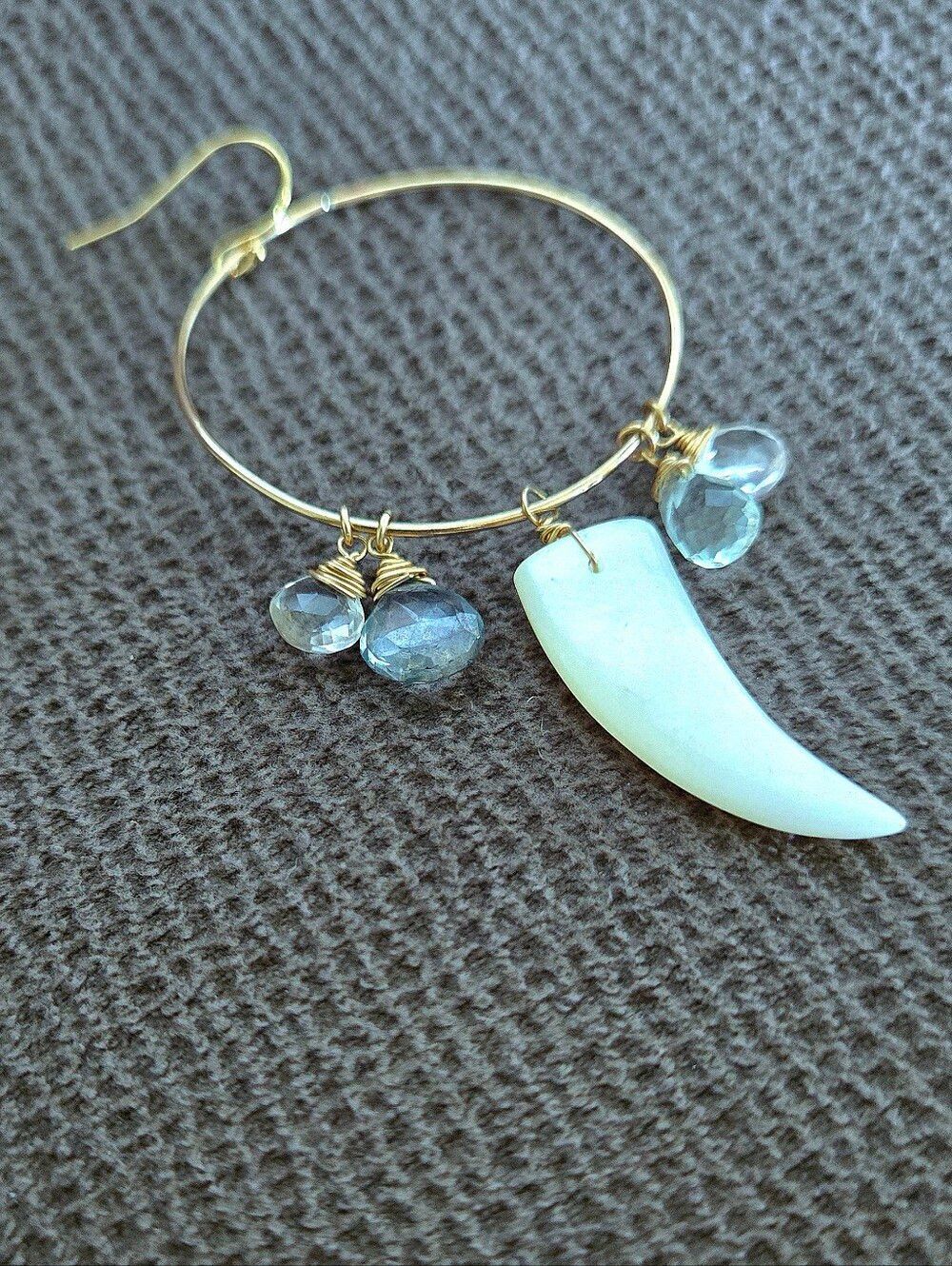 Open Gold💛 Circle⭕️ Earrings with Mother of Pearl Horn📯 and Gemstones💎 - Picture 8 of 15